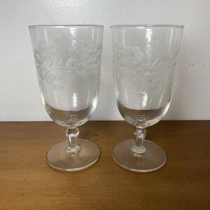 Libbey Glenmore Iced Tea Goblets Water Glasses Etched Floral Vintage, Set Of 2